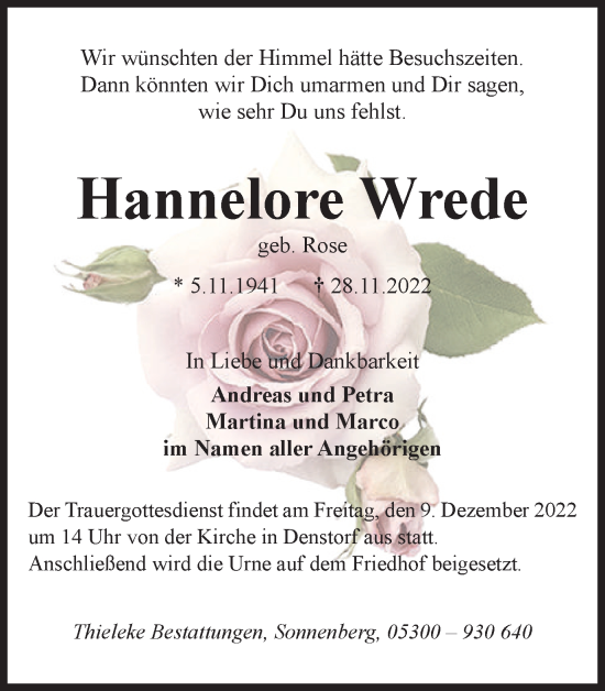 Traueranzeige von Hannelore Wrede von Braunschweiger Zeitung