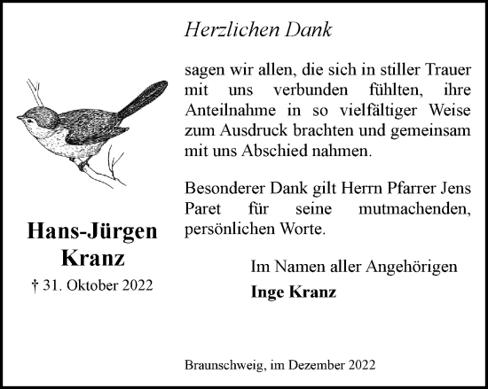 Traueranzeige von Hans-Jürgen Kranz von Braunschweiger Zeitung