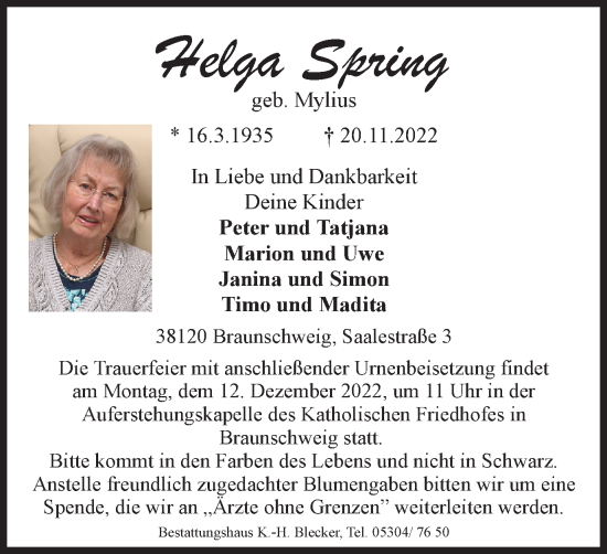 Traueranzeige von Helga Spring von Braunschweiger Zeitung