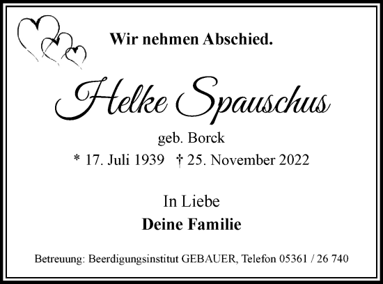 Traueranzeige von Helke Spauschus von Wolfsburger Nachrichten