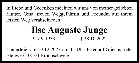 Traueranzeige von Ilse Auguste Junge von Braunschweiger Zeitung