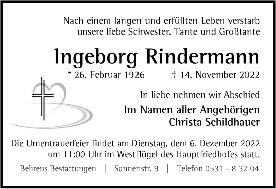 Traueranzeige von Ingeborg Rindermann von Braunschweiger Zeitung