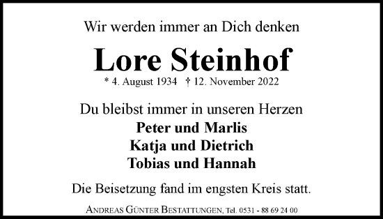 Traueranzeige von Lore Steinhof von Braunschweiger Zeitung