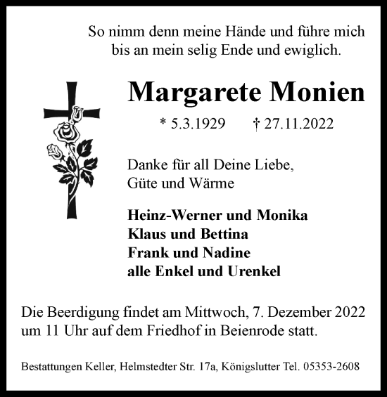 Traueranzeige von Margarete Monien von Helmstedter Nachrichten