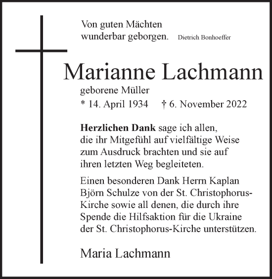 Traueranzeige von Marianne Lachmann von Wolfsburger Nachrichten