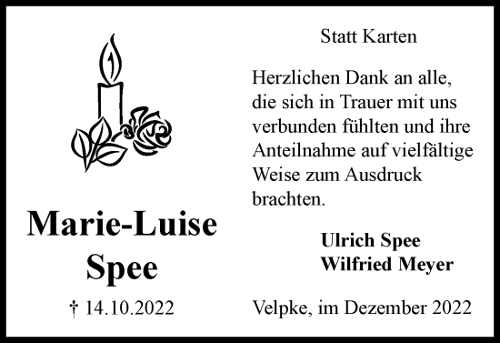 Traueranzeige von Marie-Luise Spee von Helmstedter Nachrichten