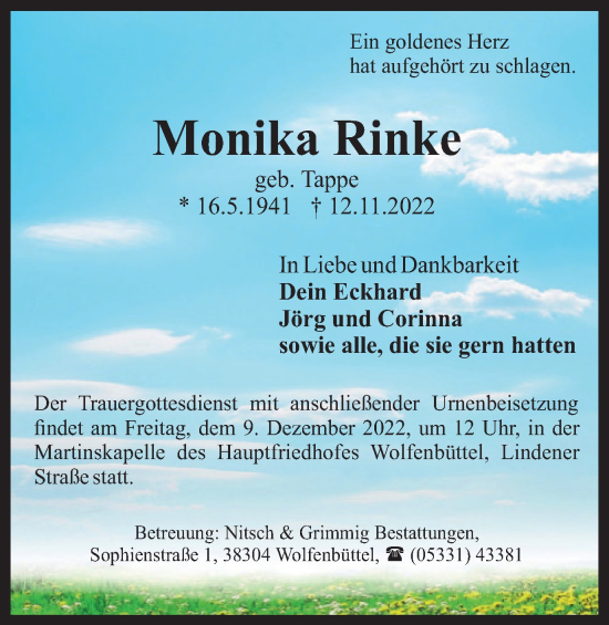 Traueranzeige von Monika Rinke von Wolfenbütteler Zeitung
