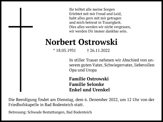 Traueranzeige von Norbert Ostrowski von Braunschweiger Zeitung