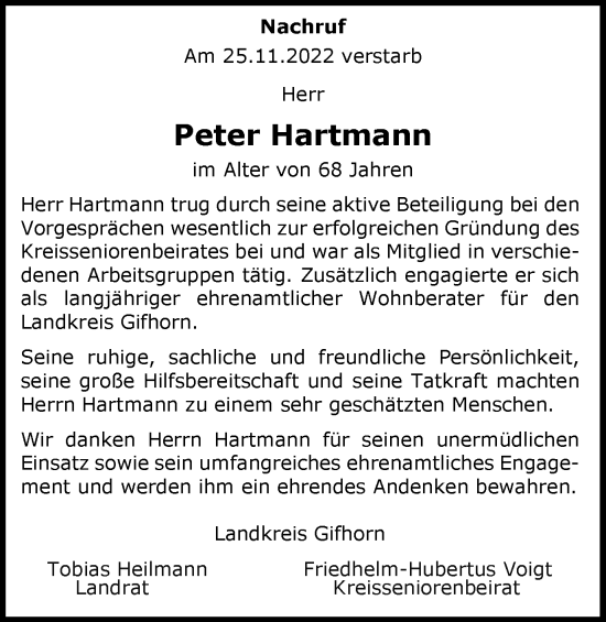 Traueranzeige von Peter Hartmann von Wolfsburger Nachrichten