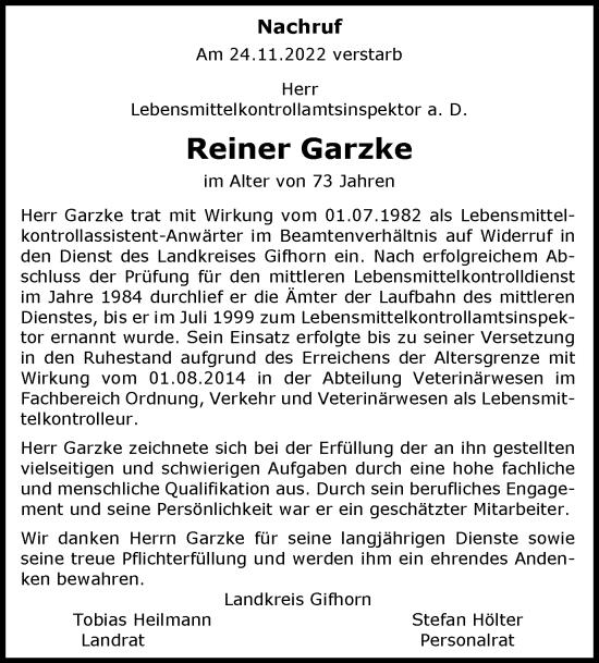 Traueranzeige von Reiner Garzke von Wolfsburger Nachrichten