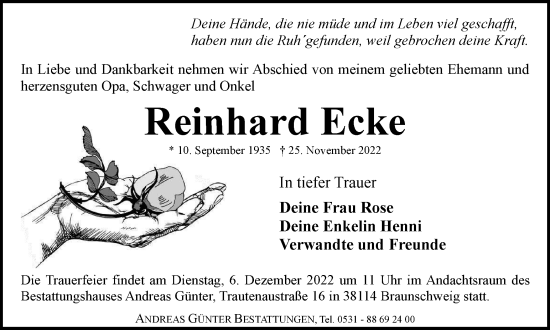 Traueranzeige von Reinhard Ecke von Braunschweiger Zeitung
