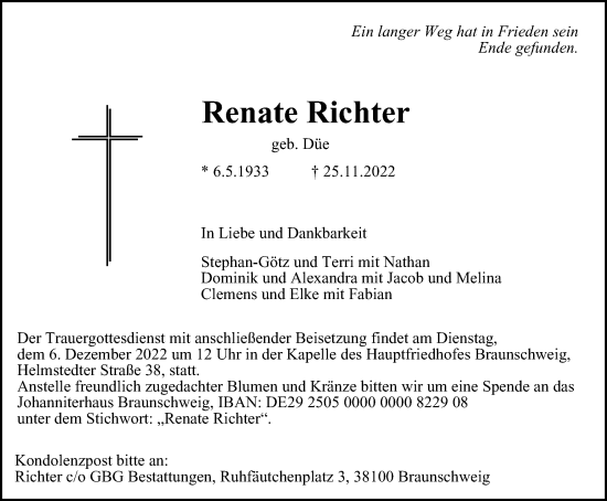 Traueranzeige von Renate Richter von Braunschweiger Zeitung