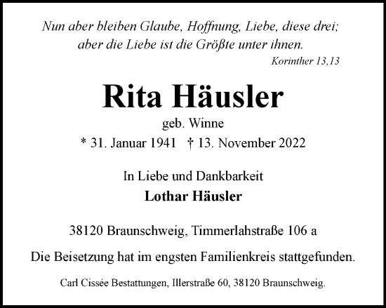 Traueranzeige von Rita Häusler von Braunschweiger Zeitung