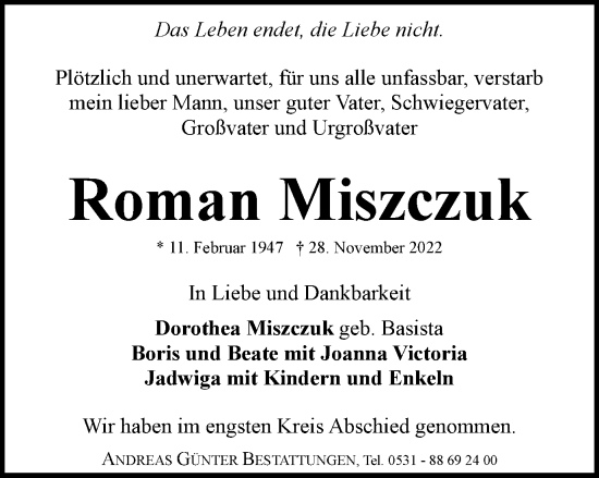 Traueranzeige von Roman Miszczuk von Braunschweiger Zeitung