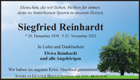 Traueranzeige von Siegfried Reinhardt von Braunschweiger Zeitung