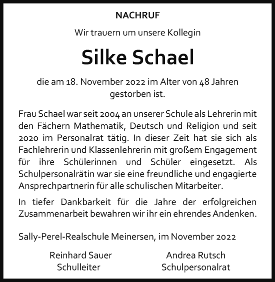 Traueranzeige von Silke Schael von Wolfsburger Nachrichten