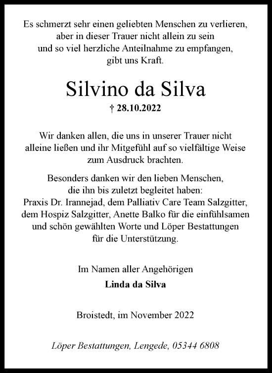 Traueranzeige von Silvino Da Silva von Peiner Nachrichten