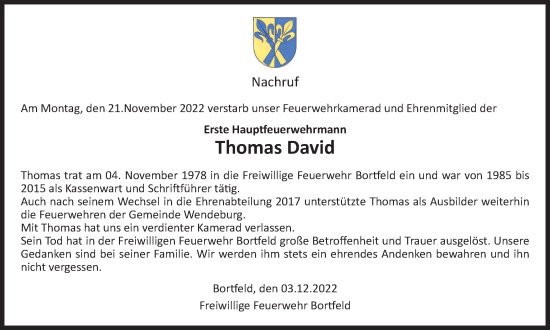 Traueranzeige von Thomas David von Peiner Nachrichten