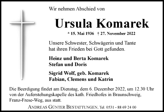 Traueranzeige von Ursula Komarek von Braunschweiger Zeitung