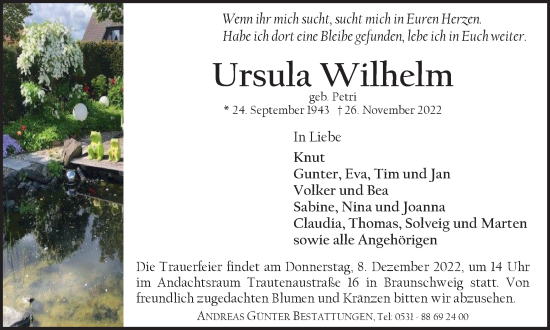 Traueranzeige von Ursula Wilhelm von Braunschweiger Zeitung