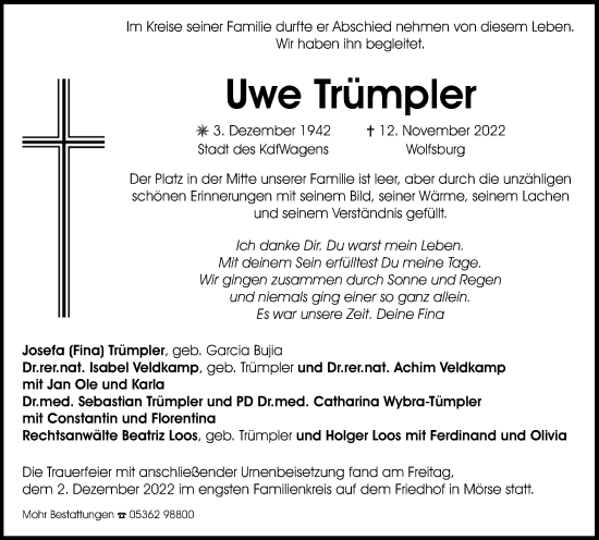 Traueranzeige von Uwe Trümpler von Wolfsburger Nachrichten