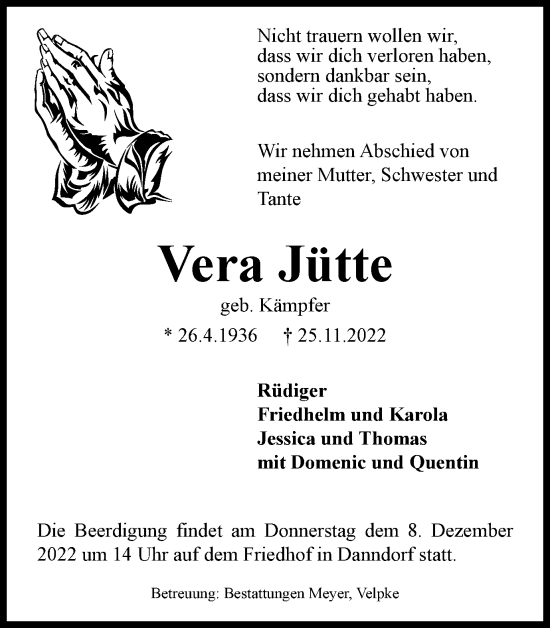 Traueranzeige von Vera Jütte von Helmstedter Nachrichten