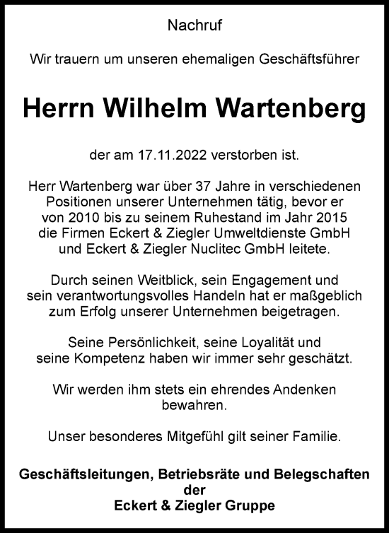 Traueranzeige von Wilhelm Wartenberg von Braunschweiger Zeitung