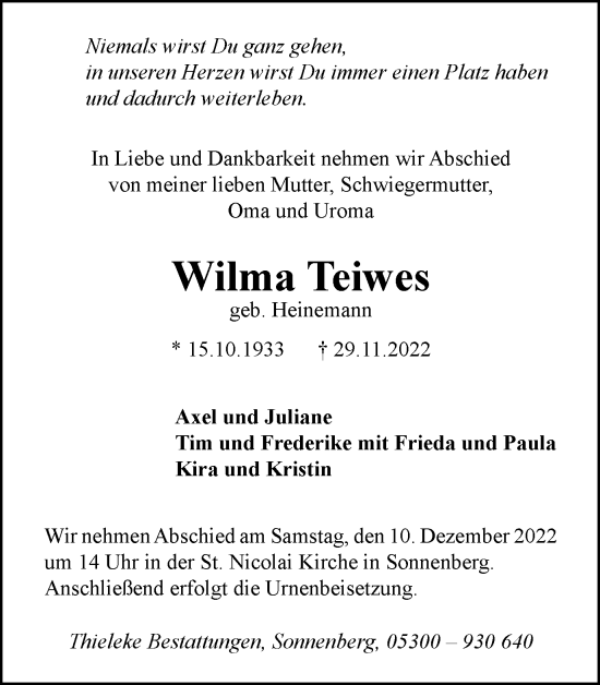 Traueranzeige von Wilma Teiwes von Braunschweiger Zeitung