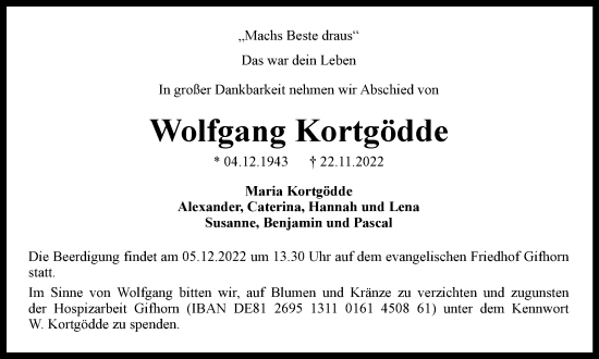 Traueranzeige von Wolfgang Kortgödde von Wolfsburger Nachrichten