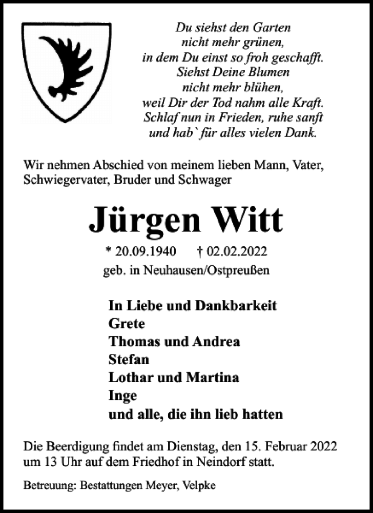  Traueranzeige für Jürgen Witt vom 09.02.2022 aus Wolfsburger Nachrichten