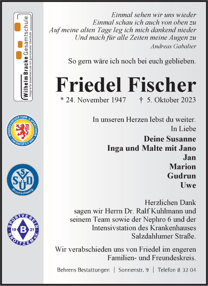  Traueranzeige für Friedel Fischer vom 14.10.2023 aus Braunschweiger Zeitung