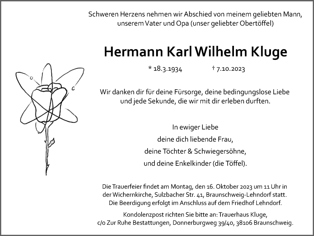  Traueranzeige für Hermann Karl Wilhelm Kluge vom 14.10.2023 aus Braunschweiger Zeitung