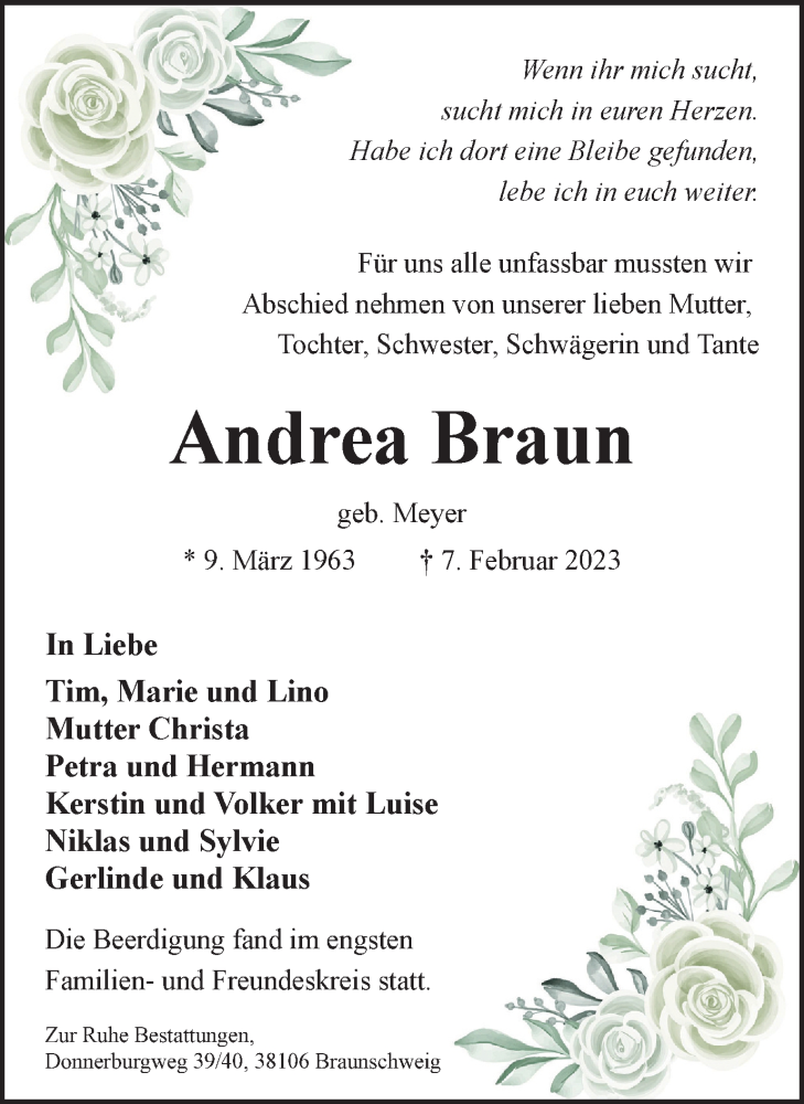  Traueranzeige für Andrea Braun vom 18.02.2023 aus Braunschweiger Zeitung