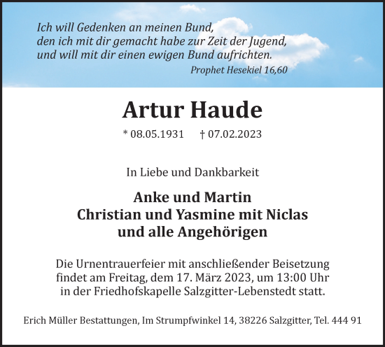 Traueranzeige von Artur Haude von Salzgitter-Zeitung