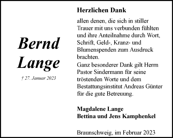 Traueranzeige von Bernd Lange von Braunschweiger Zeitung