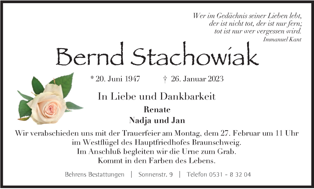  Traueranzeige für Bernd Stachowiak vom 18.02.2023 aus Braunschweiger Zeitung