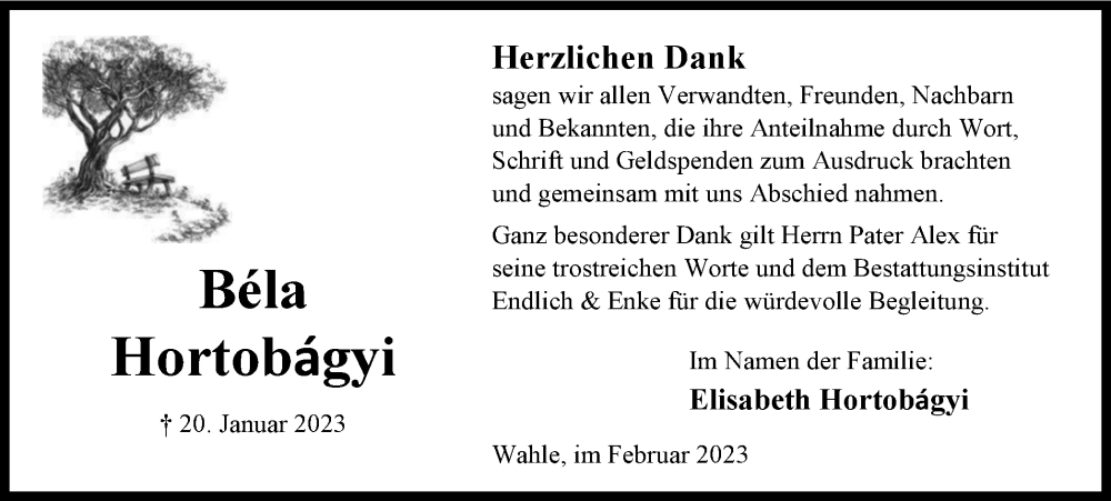  Traueranzeige für Béla Hortobágyi vom 18.02.2023 aus Peiner Nachrichten