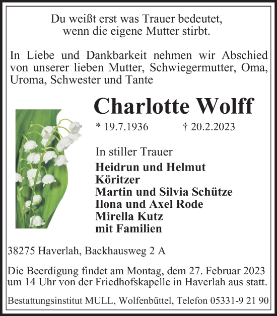 Traueranzeige von Charlotte Wolff von Salzgitter-Zeitung