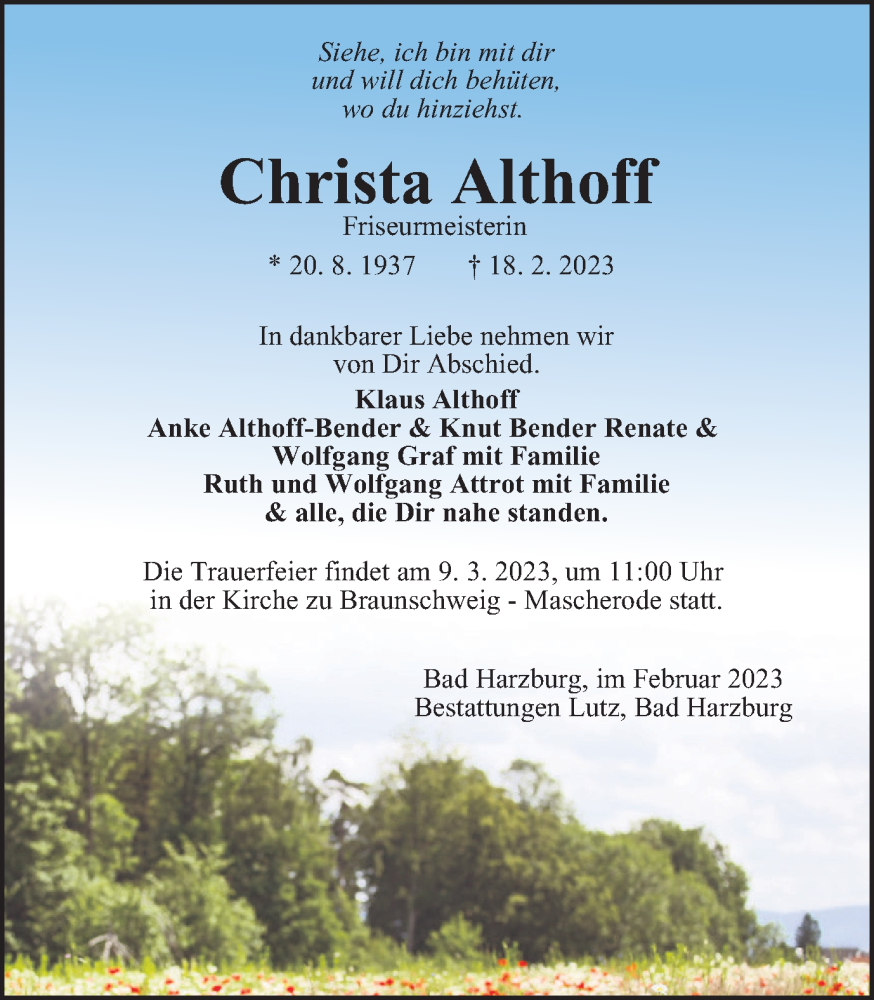  Traueranzeige für Christa Althoff vom 25.02.2023 aus Braunschweiger Zeitung