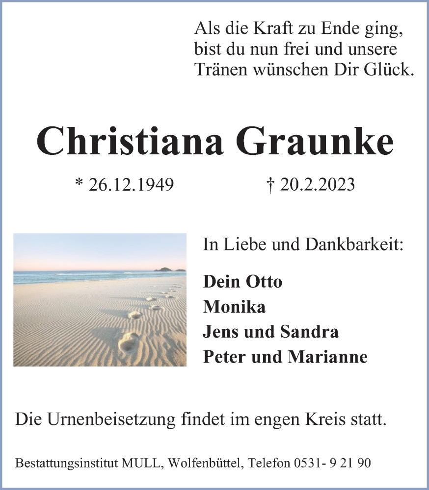  Traueranzeige für Christiana Graunke vom 25.02.2023 aus Braunschweiger Zeitung