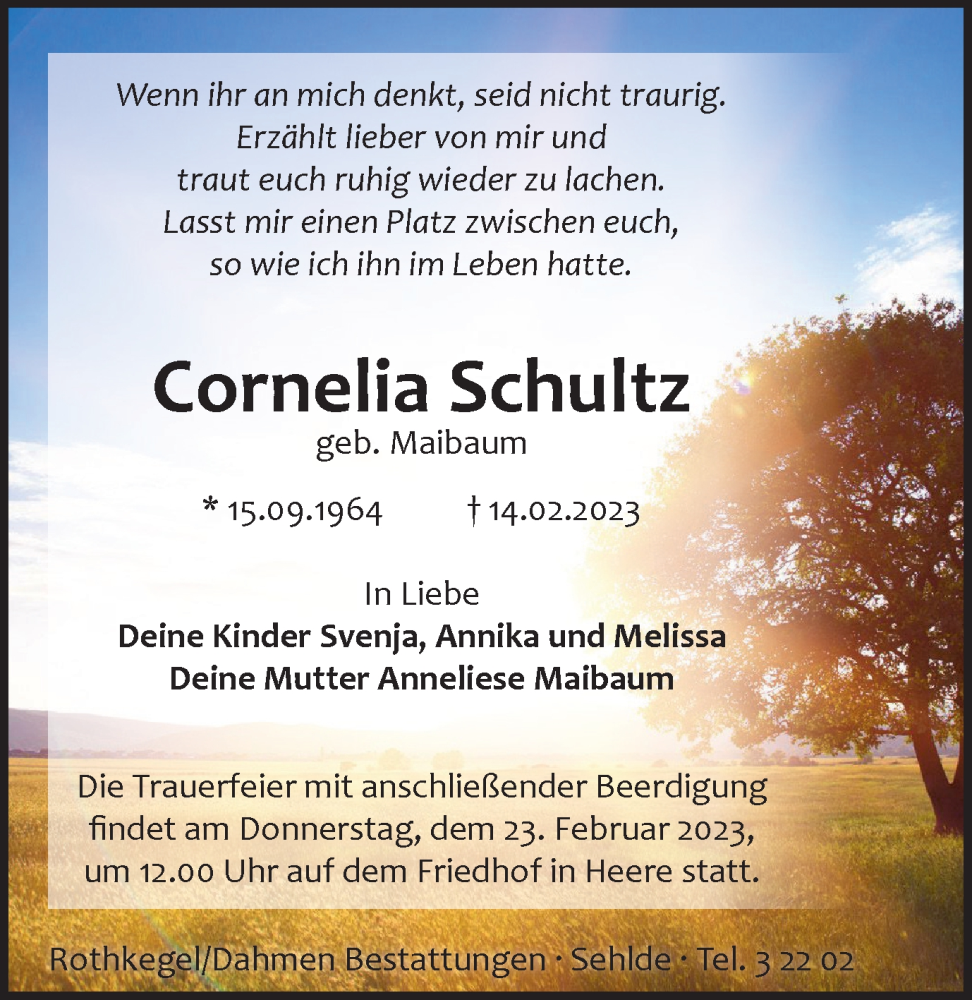  Traueranzeige für Cornelia Schultz vom 21.02.2023 aus Salzgitter-Zeitung