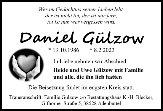 Traueranzeige von Daniel Gülzow von Braunschweiger Zeitung