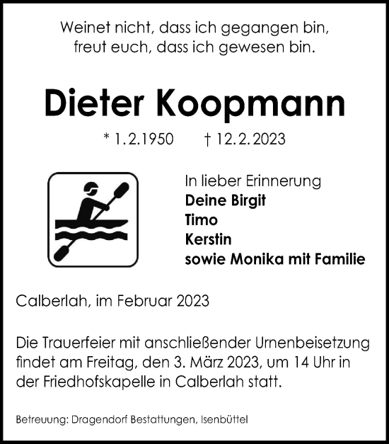 Traueranzeige von Dieter Koopmann von Wolfsburger Nachrichten