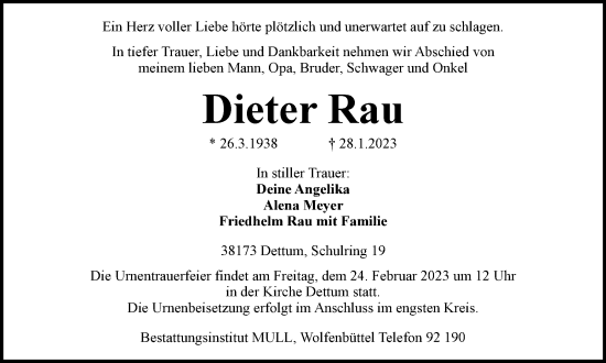 Traueranzeige von Dieter Rau von Wolfenbütteler Zeitung