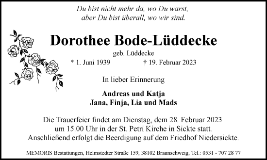 Traueranzeige von Dorothee Bode-Lüddecke von Braunschweiger Zeitung