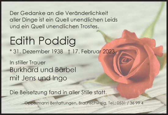 Traueranzeige von Edith Poddig von Braunschweiger Zeitung