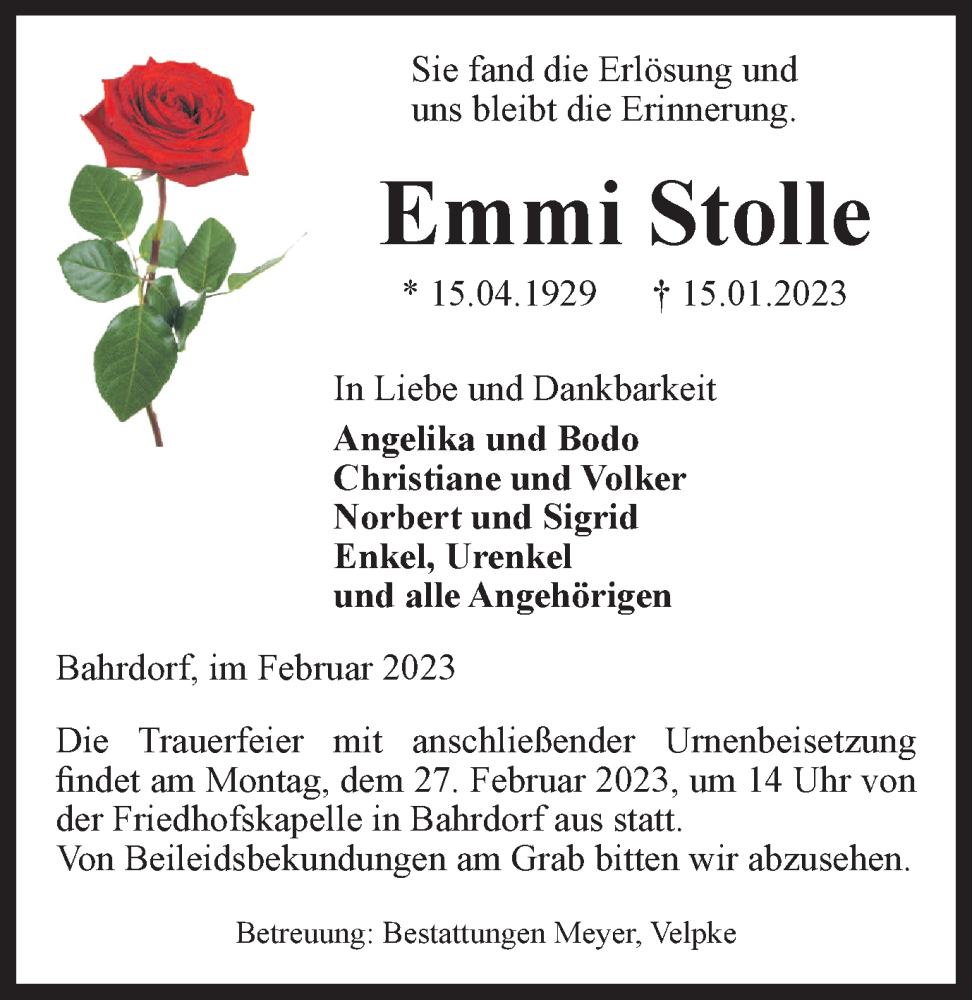  Traueranzeige für Emmi Stolle vom 17.02.2023 aus Helmstedter Nachrichten