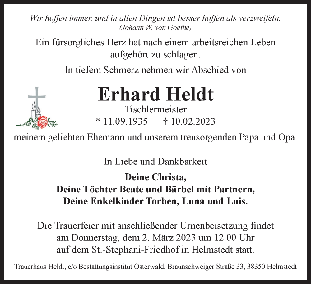  Traueranzeige für Erhard Heldt vom 18.02.2023 aus Helmstedter Nachrichten