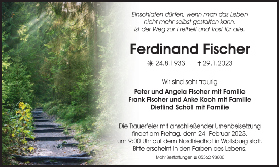 Traueranzeige von Ferdinand Fischer von Wolfsburger Nachrichten