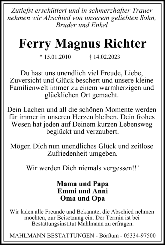 Traueranzeige von Ferry Magnus Richter von Wolfenbütteler Zeitung